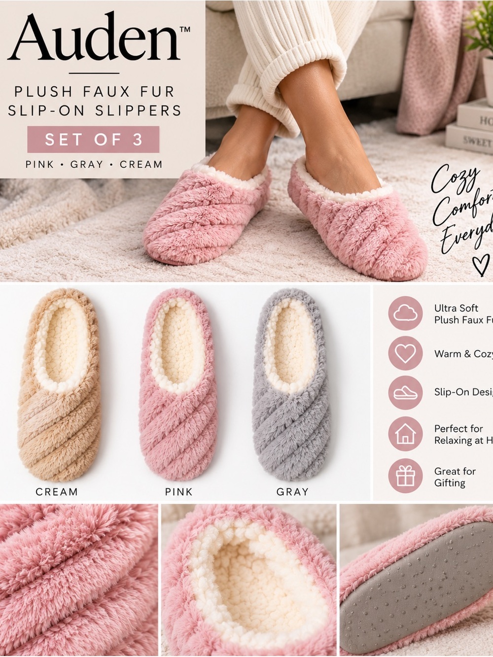 Set of three Auden Plush Faux Fur Slip-On Slippers in Pink, Gray & Cream